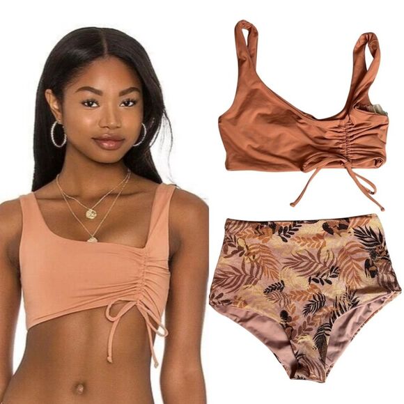 L*Space Neutral Brown 2 Piece Bikini Swimsuit Wilder Top & High Waist Bottom XS - Picture 1 of 13